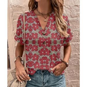Women's Red & Beige Floral Ikat Button-Accent V-Neck Top M #1975-D4